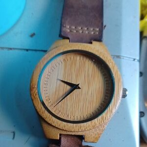 Minimal Bamboo Wood Watch with Brown Leather Strap